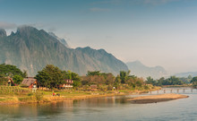 Landscape Of Nam Song River In Morning ,Vang Vieng, Laos