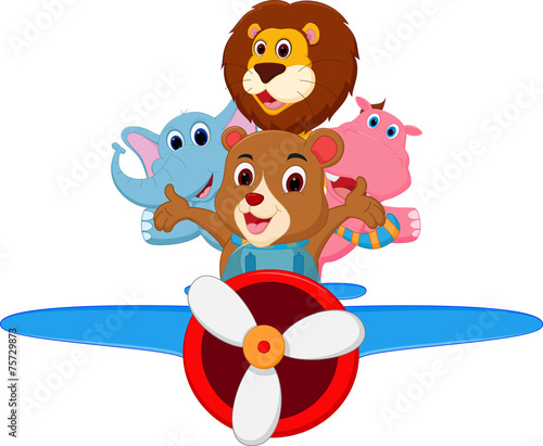 Obraz w ramie Funny cartoon animals riding a plane