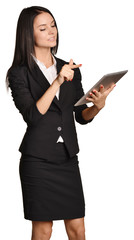 Wall Mural - Business woman holds in hands mobile tablet.