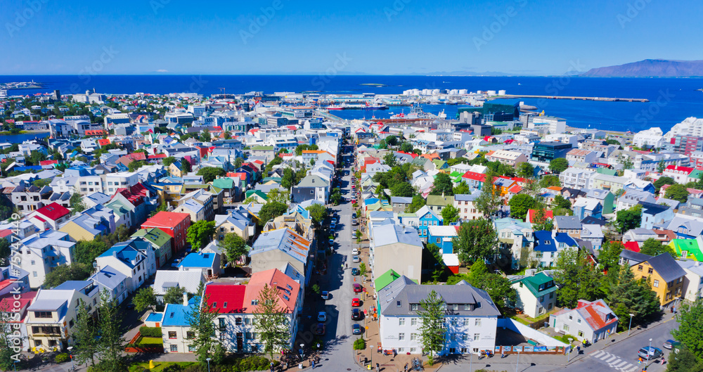 Beautiful super wide-angle aerial view of Reykjavik, Iceland - obrazy, fototapety, plakaty 