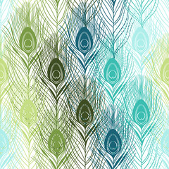 Fototapeta seamless pattern with peacock feathers. hand-drawn vector backgr
