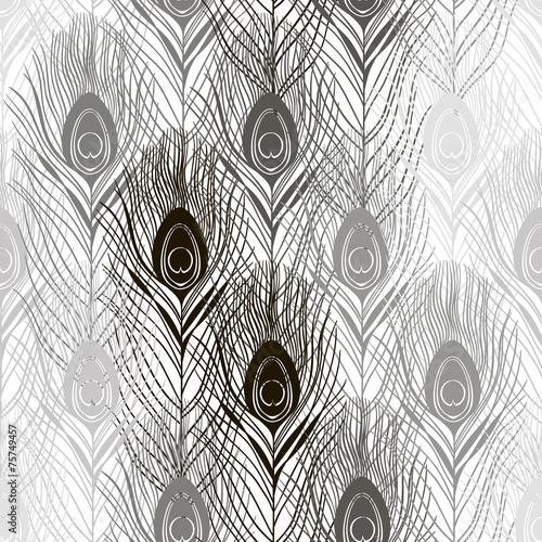 Obraz w ramie Seamless pattern with peacock feathers. Hand-drawn monochrome ve