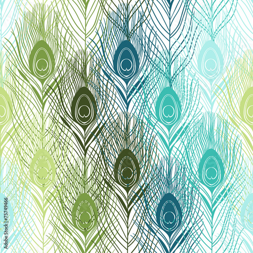 Obraz w ramie Seamless pattern with peacock feathers. Hand-drawn vector backgr