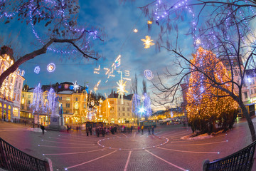 Ljubljana's city center decorated for Christmas.