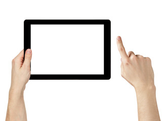 Sticker - adult man hands using generic tablet pc with white screen