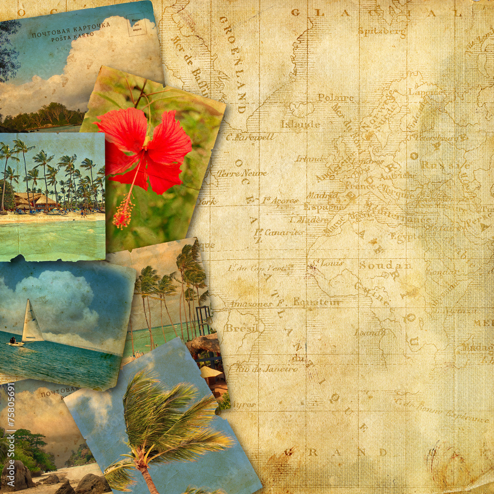 Map Postcard Background Stock-Foto „Old postcards on ancient map“ | Adobe Stock