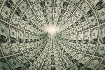 Tunnel of money, dollars towards light