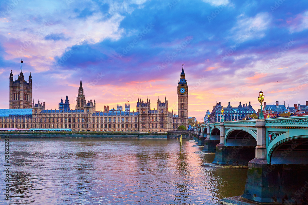 Big Ben and Westminster Bridge with river Thames - obrazy, fototapety, plakaty 