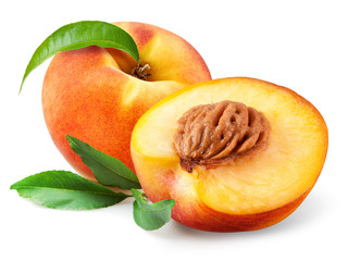 Wall Mural - Ripe peach fruit isolated on white background