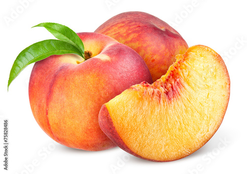 Fotografía Peach. Fruit with slice isolated on white background