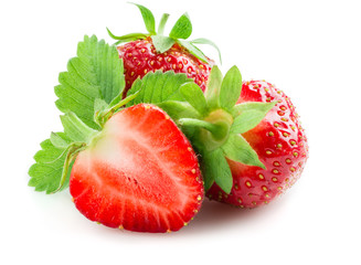 Wall Mural - Strawberries with leaves. Isolated on a white background.