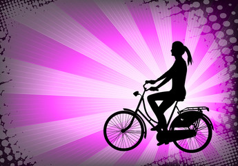 Poster - female bicyclist on the abstract purple background - vector