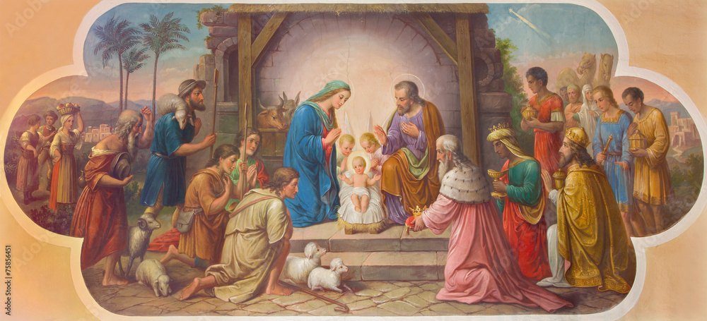 Vienna - Fresco of Nativity scene  in Erloserkirche church. - obrazy, fototapety, plakaty 