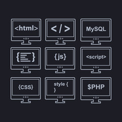Wall Mural - web development line icons as html, css, tag, mysql, curves, php