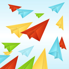 Poster - White paper planes on blue sky.