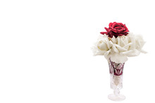 Red Rose With White Roses In Crystal Vase.