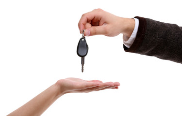 Wall Mural - Businessman holding car key isolated on white