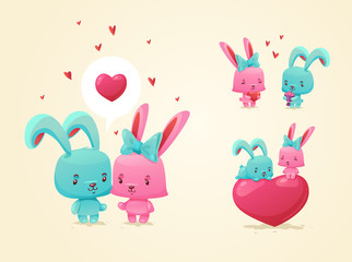 Wall Mural - Couple in love. Set of funny pictures happy rabbits. Idea for