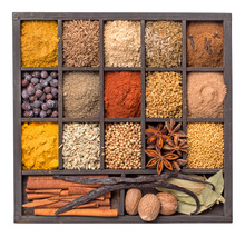 Various Herbs And Powder Spices Isolated