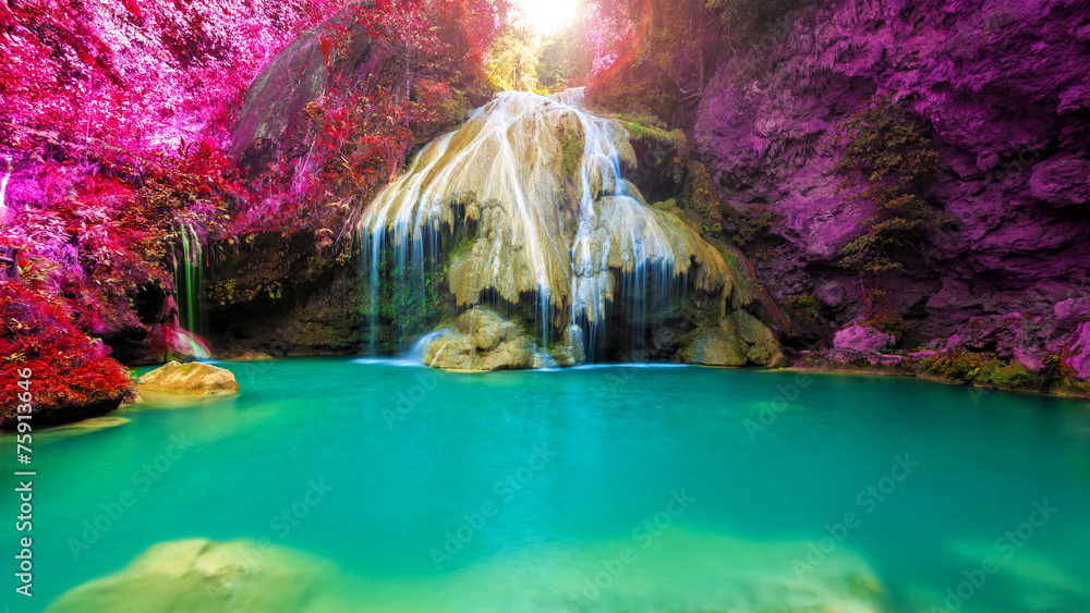 wonderful waterfall with colorful tree in thailand - obrazy, fototapety, plakaty 