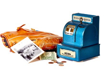 Coin Bank With Baseball Glove, Money And Vintage Photo