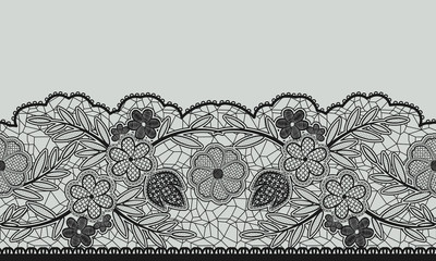 Wall Mural - Seamless floral lace ribbon on gray.