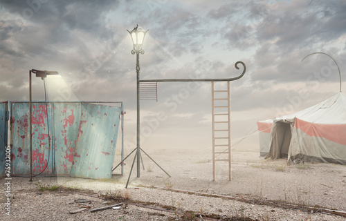 Fotografie, Obraz Surreal artistic image with lamp and  ladder with a cloudy sky