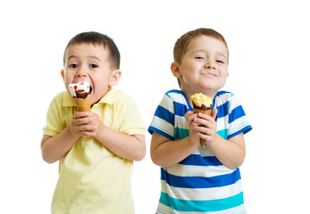 funny children or kids, little boys eat ice-cream isolated on