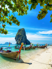 Canvas Print - Boats on Phra Nang beach, Thailand