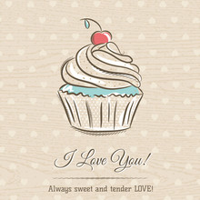 Valentine Card With  Cupcake And Wishes Text,  Vector