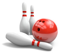 Red Bowling Ball And Pins Over A White Background