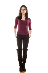 front view of pretty young woman, standing on white background