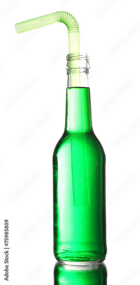 Colorful alcoholic beverage in glass bottle isolated on white