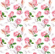 Seamless pattern - pink rose flowers and feathers. Watercolor