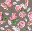 Seamless floral pattern - rose flowers, feathers. Watercolor
