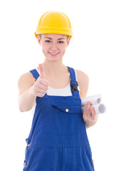 portrait of happy woman builder in blue coveralls thumbs up isol