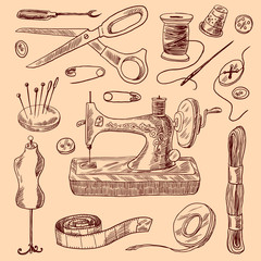 Wall Mural - Sewing Icons Sketch Set