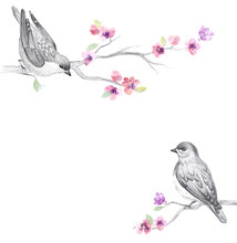 Graphic Background With Cute Birds And Flowers