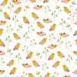 pencil sketch seamless pattern with flowers and bird robin