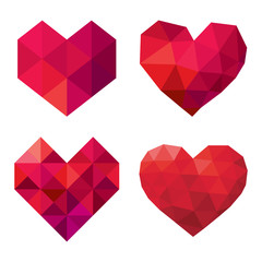 vector collection of polygonal red hearts on white background