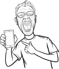 Wall Mural - line drawing of a shouting man showing a mobile app on a smart p