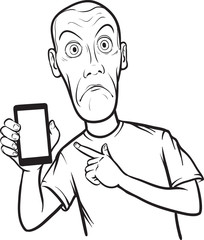 Wall Mural - line drawing of a shocked young man showing a mobile app on a sm