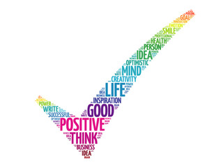 Positive thinking check mark, vector concept words cloud