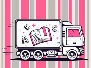 Wall Mural - Vector illustration of truck free and fast delivering open book