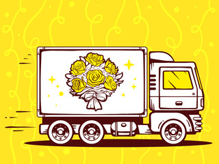 Wall Mural - Vector illustration of truck free and fast delivering bouquet of