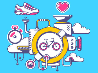 Wall Mural - Vector illustration of mechanism with bike and sport icons on bl