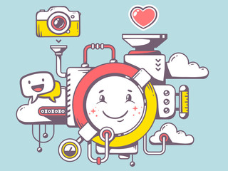 Vector illustration of mechanism with smile and relevant icons o