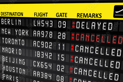Fotografía Flight delayed or cancelled display panel in airport