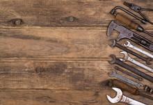 Old Tools On Wooden Background With Copy Space