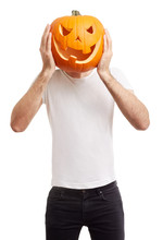Halloween Pumpkin On Man Head, Joking, Clipping Path
